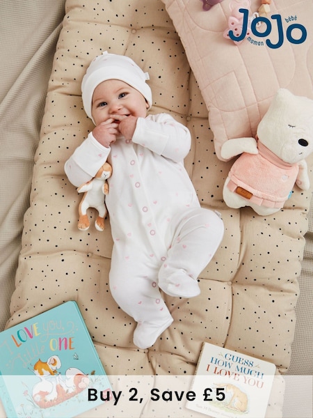 JoJo Maman Bébé Pink 100% Organic Cotton Heart Embroidered Sleepsuit (AM7741) | £21 - £22