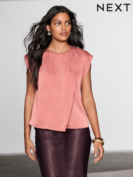 Rose Gold Short Sleeve Crinkle Satin Asymmetric Top (AM7807) | £29