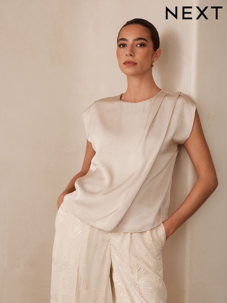 Champagne Gold Short Sleeve Crinkle Satin Asymmetric Top (AM7809) | £29