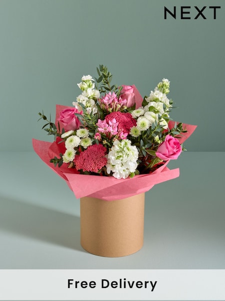 Pink/White Rose and Mathiola Fresh Flower Bouquet in Hatbox (AM7926) | £35