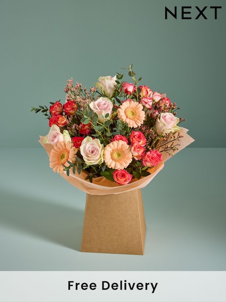 Peach Pink Rose and Germini Fresh Flower Bouquet in Gift Bag (AM7927) | £35