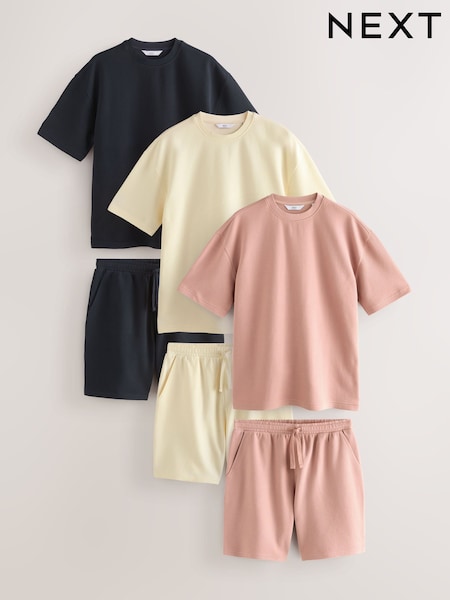 Navy/Ecru/Pink 100% Cotton Co-ord T-Shirts And Shorts Set 3 Pack (AM7928) | £95