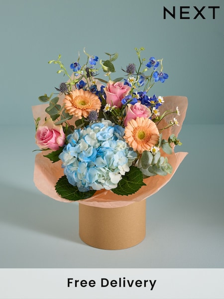 Blue Luxury Delphinium and Rose Fresh Flower Bouquet in Hatbox (AM7929) | £35
