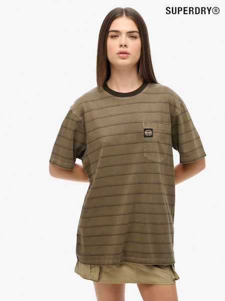 Superdry Green Oversized Textured Stripe Pocket 100% Cotton T-Shirt (AM8244) | £27