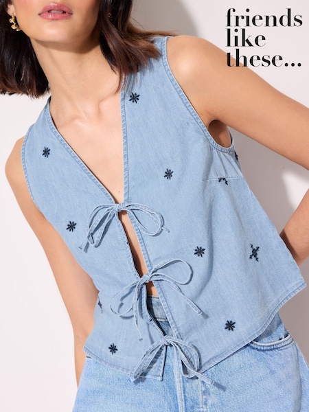 Friends Like These Blue Chambray Embroidered Waistcoat (AM8261) | £32