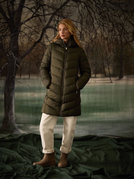 Joules Moorsdale Khaki Green Mid Length Showerproof Padded Coat with Hood (AM8334) | £89