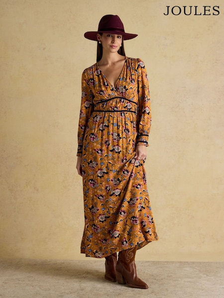 Joules Otterly Yellow Floral V-Neck Midi Dress (AM8344) | £79