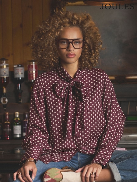 Joules Tabby Burgundy Red Tie Neck Blouse (AM8367) | £65