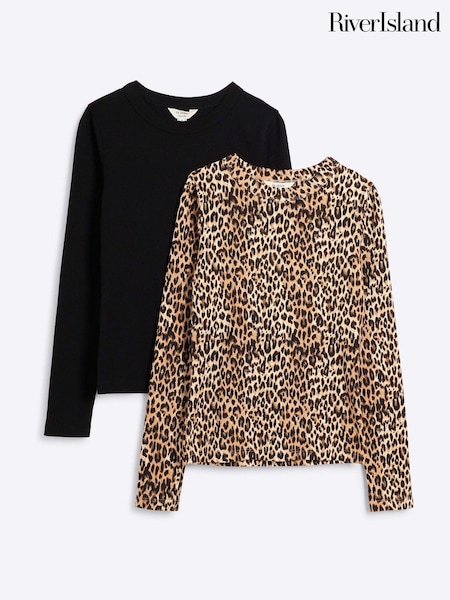River Island Leopard/Black 2 Pack Rib Long Sleeve Tops (AM8392) | £30