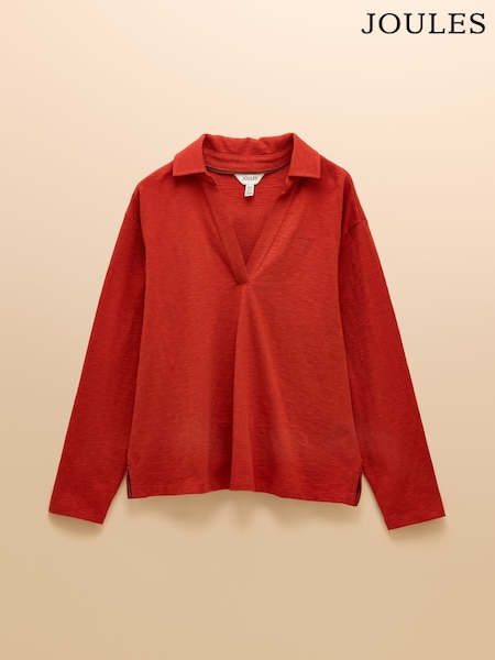 Joules Tallie Burnt Orange Combed Cotton Slub Collared Top (AM8426) | £39