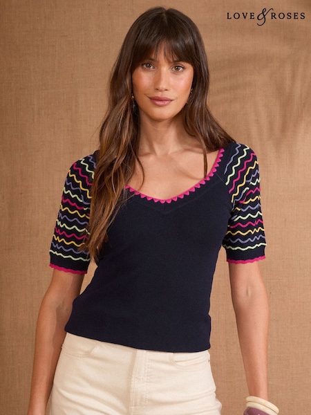 Love & Roses Navy Scallop Knitted top (AM8709) | £39