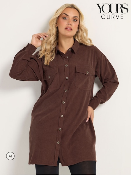 Brown - Yours Curve Button Through Corduroy Dress