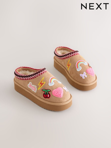 Tan Brown Badged Flatform Shoot Fleece Lined Slippers (AM8846) | £19 - £22