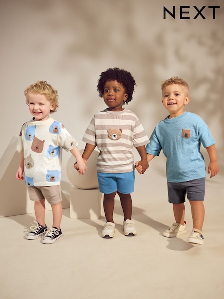 Neutral Padded Bear 100% Cotton Short Sleeve T-Shirts & Shorts Set 3 Pack (3mths-7yrs) (AM8894) | £30 - £34