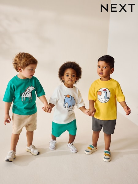 Multi Safari 100% Cotton Short Sleeve T-Shirts & Shorts Set 3 Pack (3mths-7yrs) (AM8898) | £28 - £32