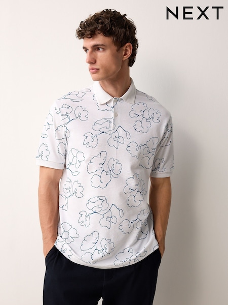 White/Blue Short Sleeve Print Polo Shirt (AM8950) | £28