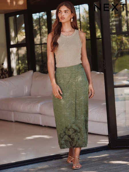 Khaki Green Satin Jacquard Midi Sarong Skirt (AM8954) | £42