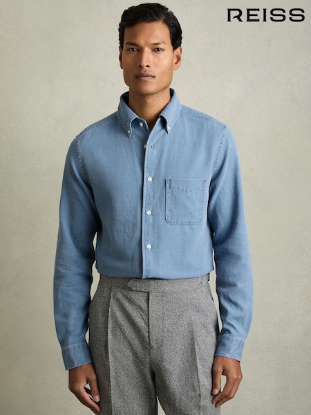 Reiss Indigo Blue Kittle Denim Piqué Button-Through Shirt (AM9068) | £120
