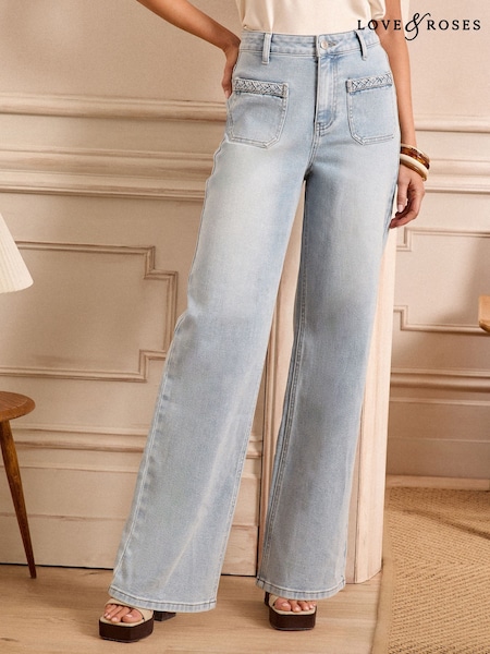 Love & Roses Light Blue Wash Patch Plait Pocket Wide Leg Jeans (AM9092) | £52