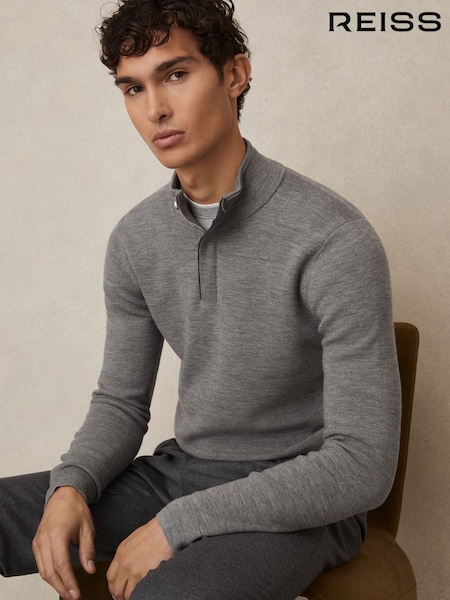 Reiss Warm Grey Melange Edison Merino Wool Half-Zip Jumper (AM9106) | £148