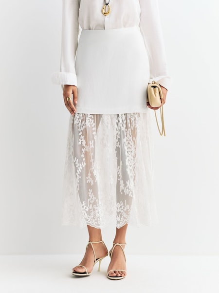 Sea New York White Marja Embroidery Mesh Combo Skirt (AM9236) | £205