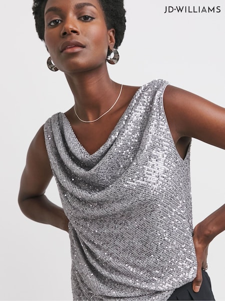 JD Williams Silver Reversible Silver Cowl Neck Sequin Vest (AM9265) | £27