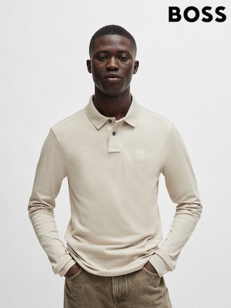 BOSS Beige Slim Fit Logo Patch Pique Polo Shirt (AM9307) | £89