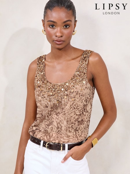 Lipsy Brown Animal Sequin Embellished Scoop Neck Vest (AM9387) | £38