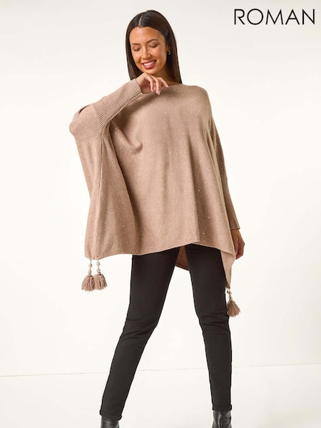 Roman Brown Sparkle Embellished Tassel Poncho (AM9465) | £42