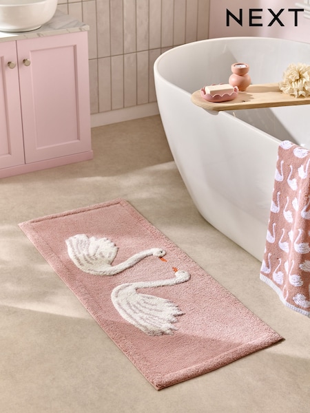 Pink Swan Print 100% Cotton Runner Bath Mat (AM9599) | £22