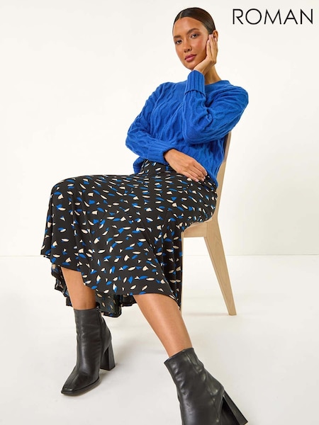 Roman Blue Geometric Print Asymmetrical Panel Skirt (AM9651) | £35