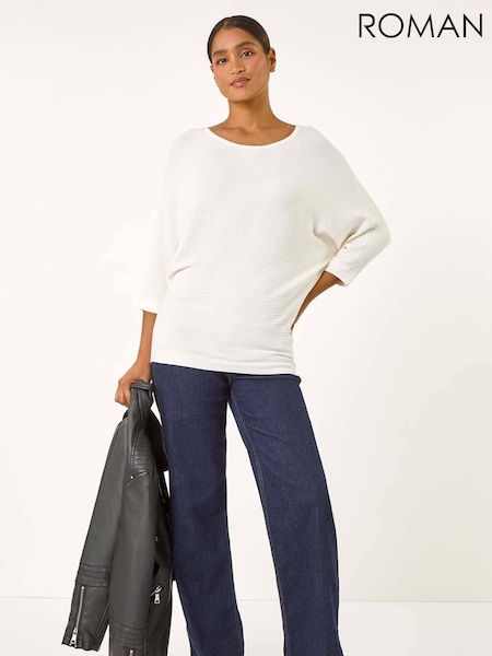 Roman White Ribbed Fitted Knit Jumper (AM9674) | £40