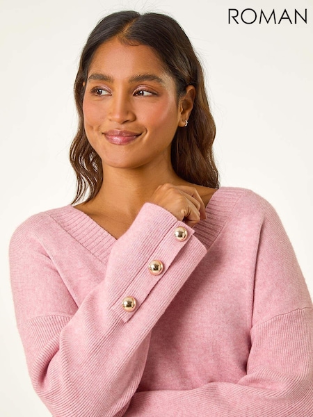 Roman Pink Button Detail V-Neck Jumper (AM9681) | £40