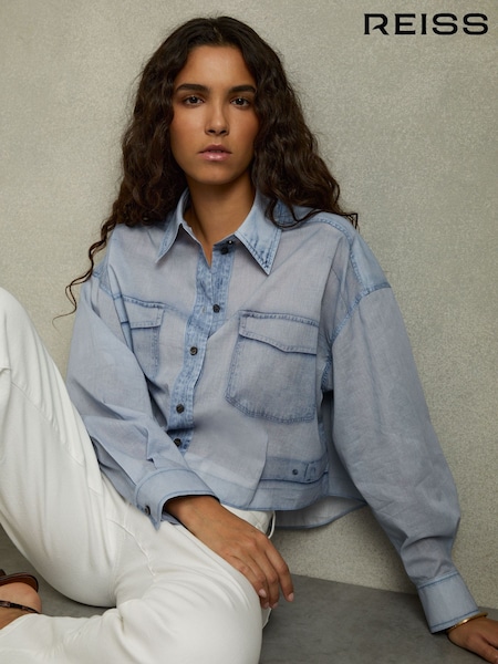Reiss Blue Darcy Cotton Denim-Print Cropped Shirt (AM9725) | £158