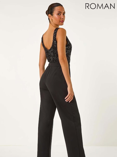 Roman Black Contrast Sequin Bodice Jumpsuit (AM9818) | £62