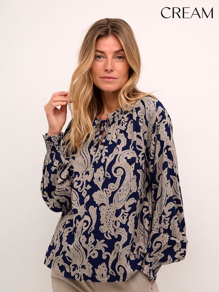 Cream CRLucy Tie Neck Blue Blouse (AM9898) | £70