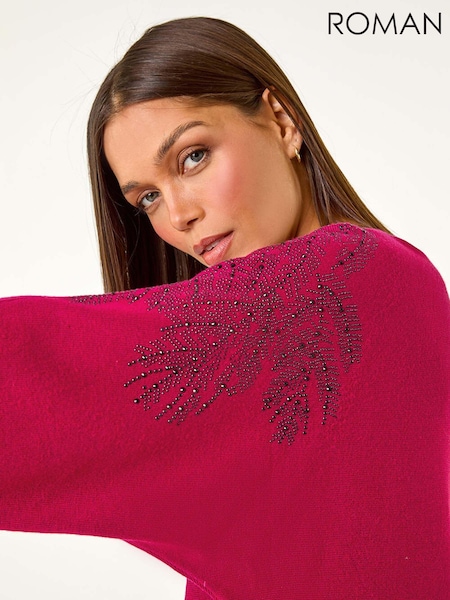 Roman Pink Leaf Hotfix Batwing Knit Jumper (AM9942) | £40