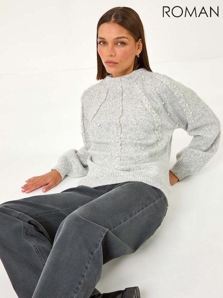 Roman Grey Pearl Embellished Cable Knit Jumper (AM9954) | £42
