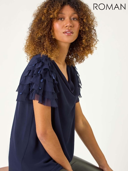 Roman Blue Cowl Neck Shoulder Sequin Frill Top (AM9956) | £35