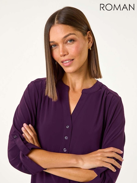 Roman Purple V-Neck Button Detail Stretch Shirt (AM9960) | £32
