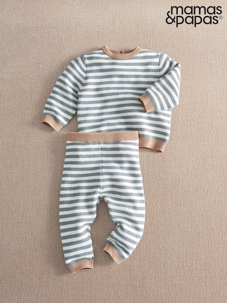 Blue - Mamas & Papas Stripe Knitted Jumper & Bottoms Set