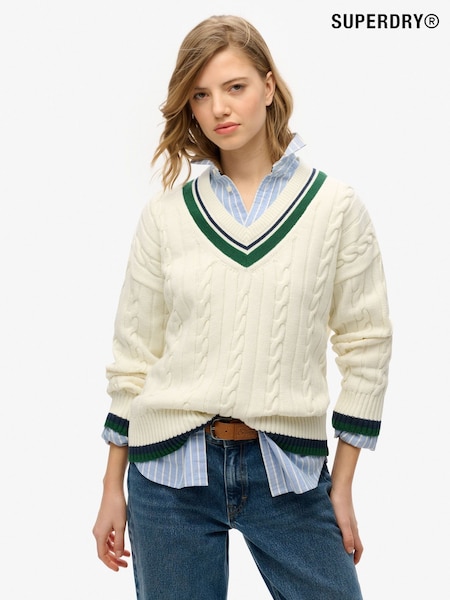 Superdry White Oversized V-Neck 100% Cotton Cricket Knit Jumper (AN1012) | £50