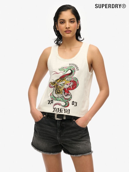 Superdry White Neo Trad Tattoo Scoop Neck 100% Cotton Tank (AN1046) | £30