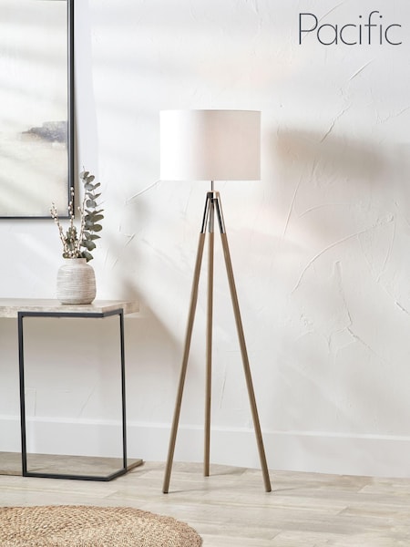 Pacific Silver Metal Wood Grain Tripod Floor Lamp (AN1148) | £150