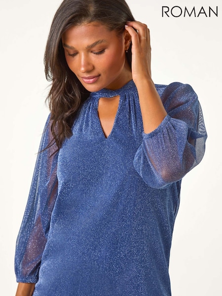 Roman Blue Twist Neck Glitter Mesh Top (AN1204) | £40