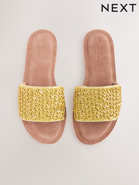Lime Green Leather Standard/Wide Fit Forever Comfort® Beaded Flower Mules (AN1227) | £34