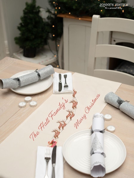 Personalised Vintage Christmas Reindeer 100% Cotton Table Runner by Jonnys Sister (AN1328) | £32
