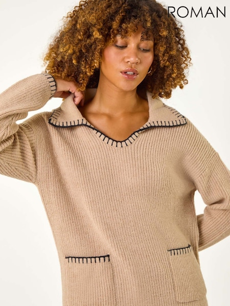 Roman Natural Blanket Stitch Collared Jumper (AN1450) | £40