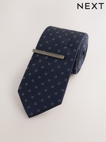 Navy Geometric Print Tie with Tie Clip (AN1594) | £16