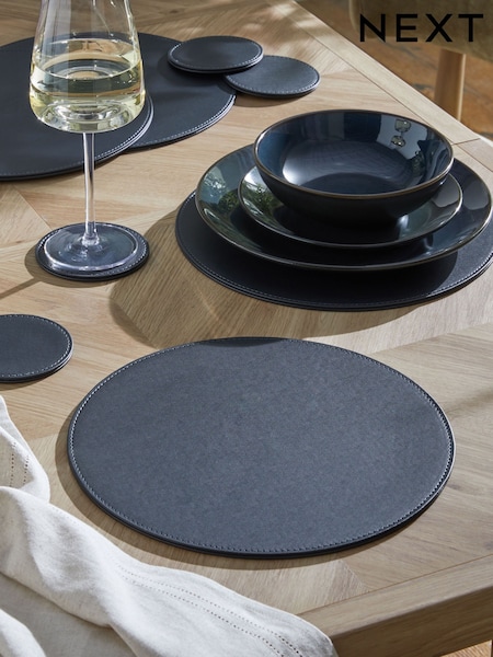 Set of 4 Navy Blue Reversible Faux Leather Placemats and Coasters Set (AN1601) | £24